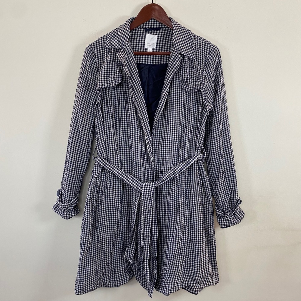 Lauren Conrad‎ Gingham Trench Coat Ruffled Lightweight Waist Tie Women's  Small - Picture 2 of 8